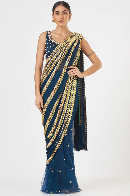 Blue Embroidered Saree Set- Papa Don't Preach