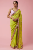 Dull Lime Green Silk Embroidered Saree Set