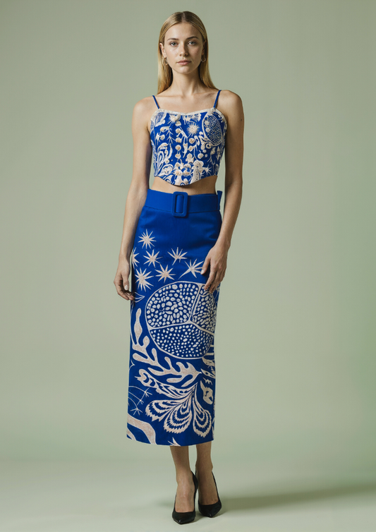 Dolce Drama - Electric blue printed pencil skirt