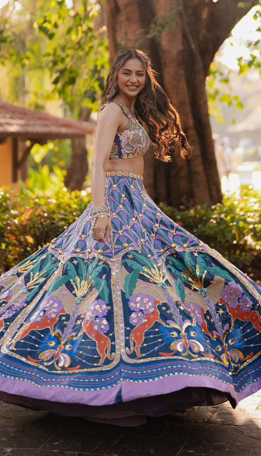 RAKUL IN LYONS- TROPICAL BLUE PRINTED AND EMBELLISHED FULL LEHENGA