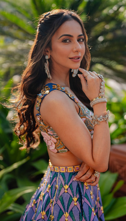 RAKUL IN LYONS- TROPICAL BLUE PRINTED AND EMBELLISHED FULL LEHENGA