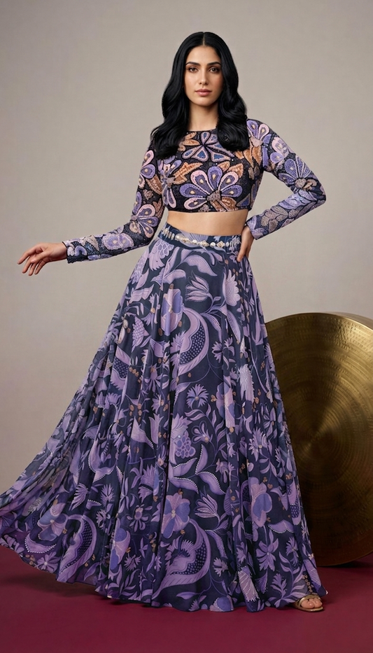 The Midnight Garden Organza Skirt Set - Full Lehenga Set