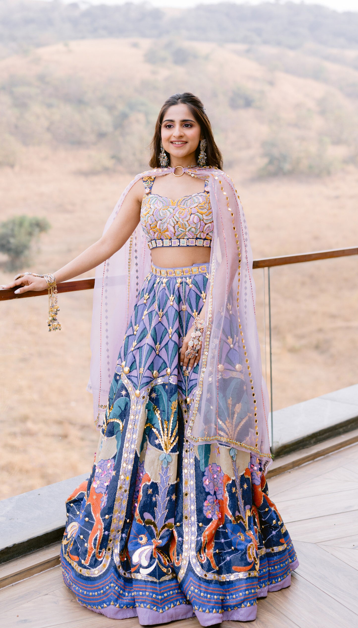 VISHWA IN LYONS- TROPICAL BLUE PRINTED AND EMBELLISHED FULL LEHENGA