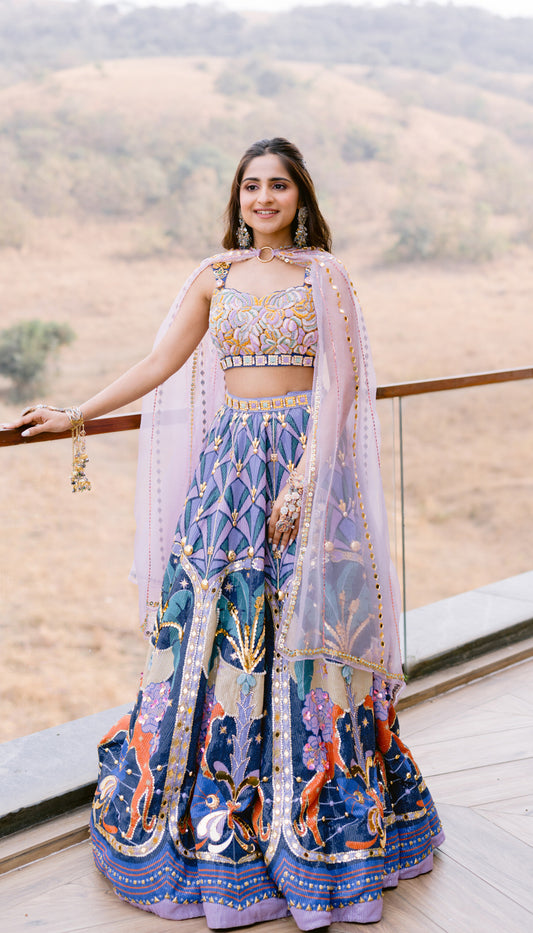 VISHWA IN LYONS- TROPICAL BLUE PRINTED AND EMBELLISHED FULL LEHENGA