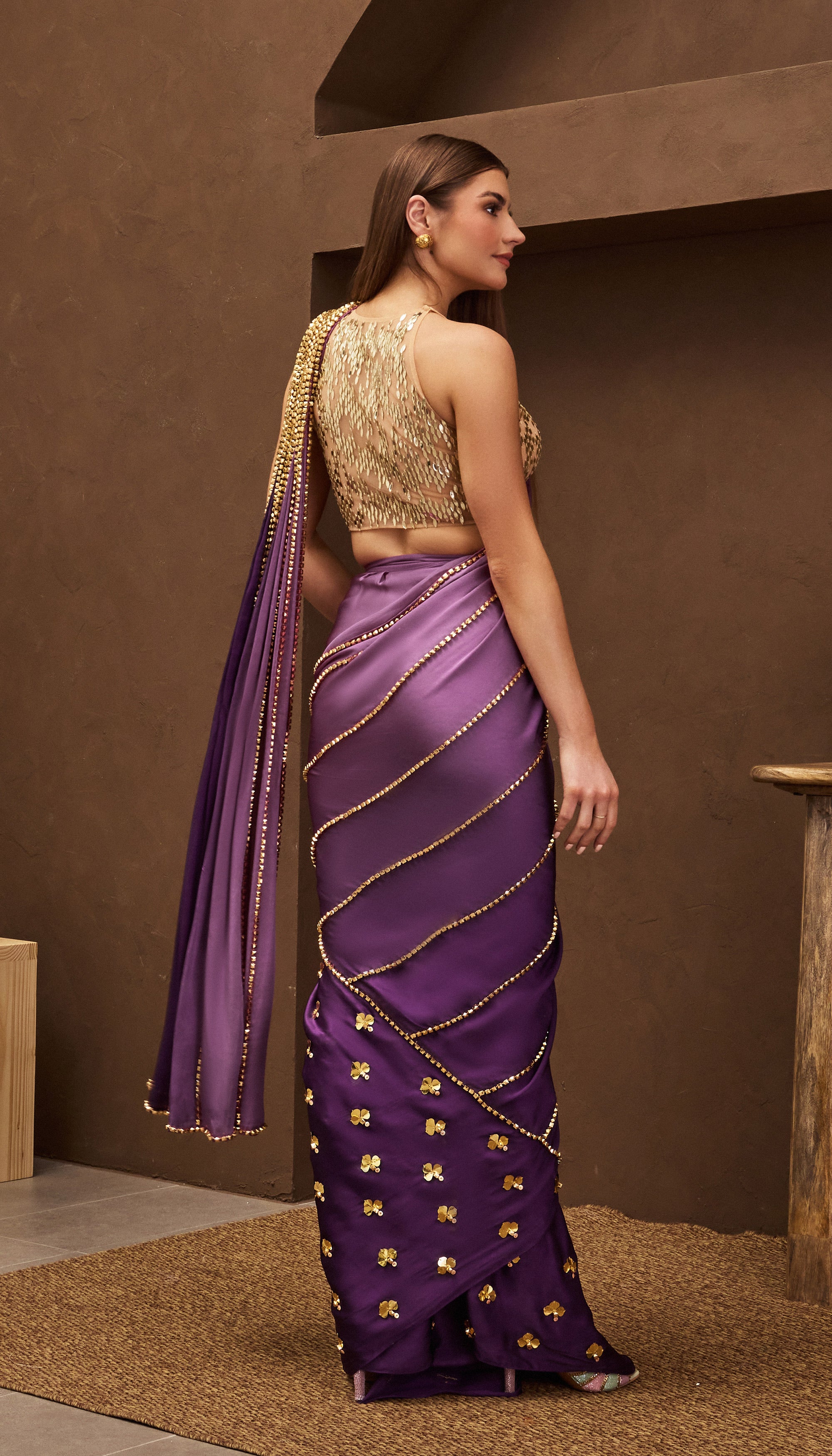 Purple Pre-Drape Saree💜 Stunning purple dress with shiny decorations on  the top and a stylish, uneven shoulder design for a fancy… | Instagram