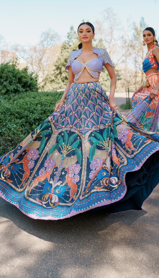 LYONS- Tropical blue printed and embellished full lehenga