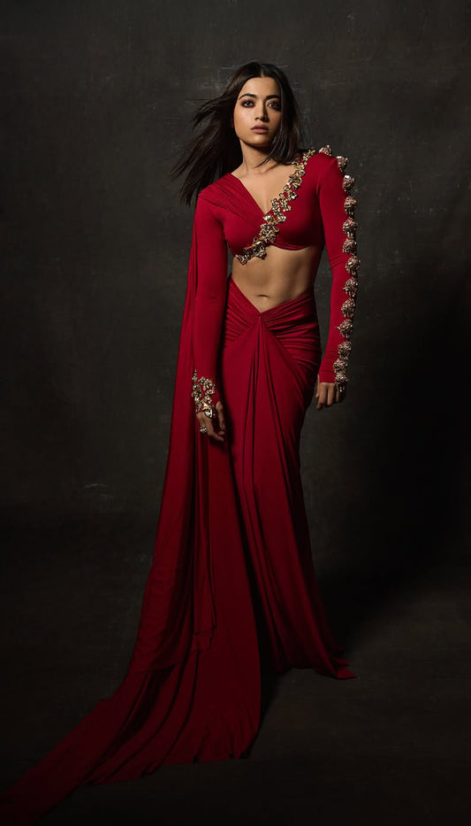 Rashmika Mandanna in crimson ember