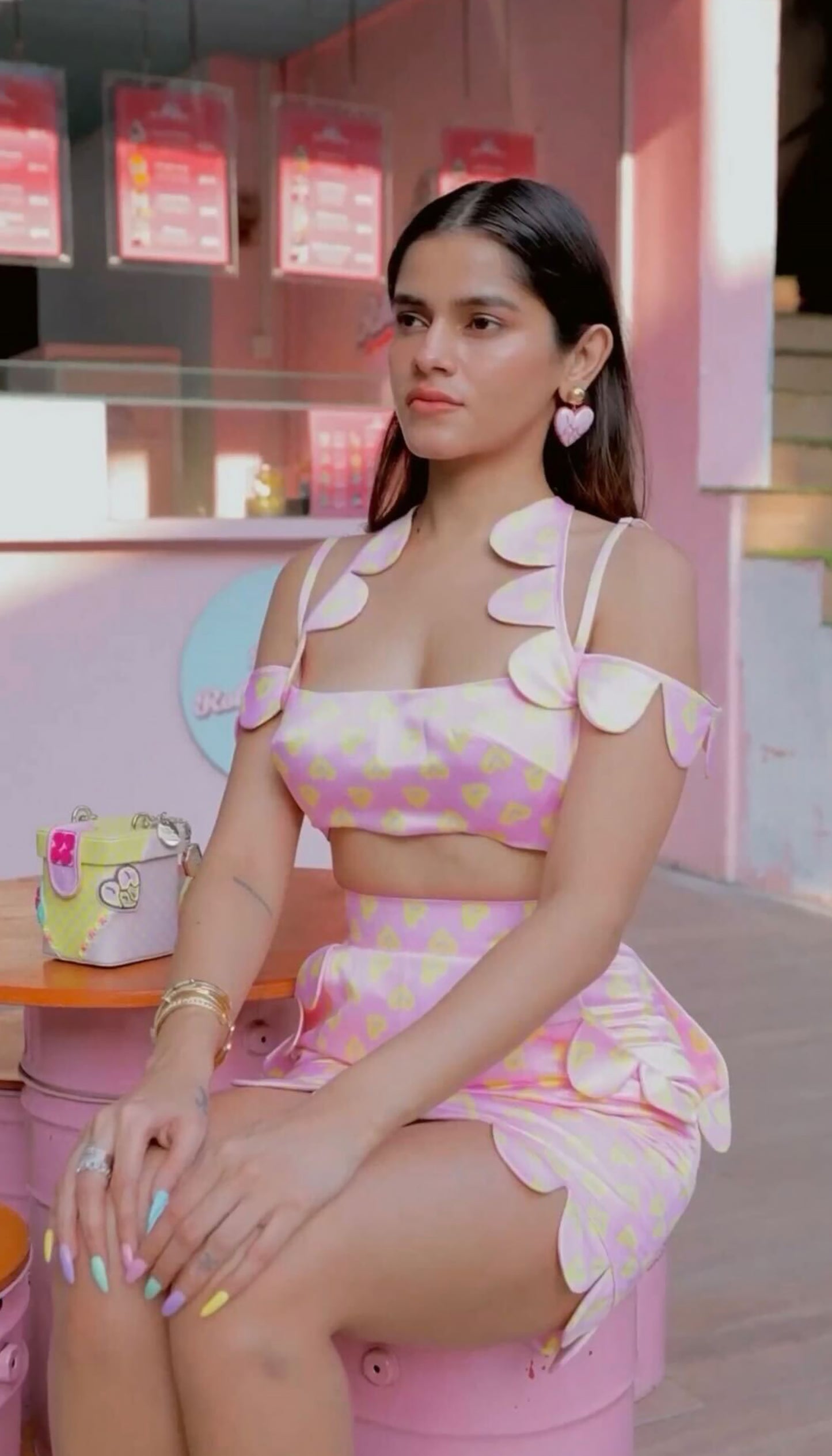 Pink scallop bralette and skirt set in pac street print