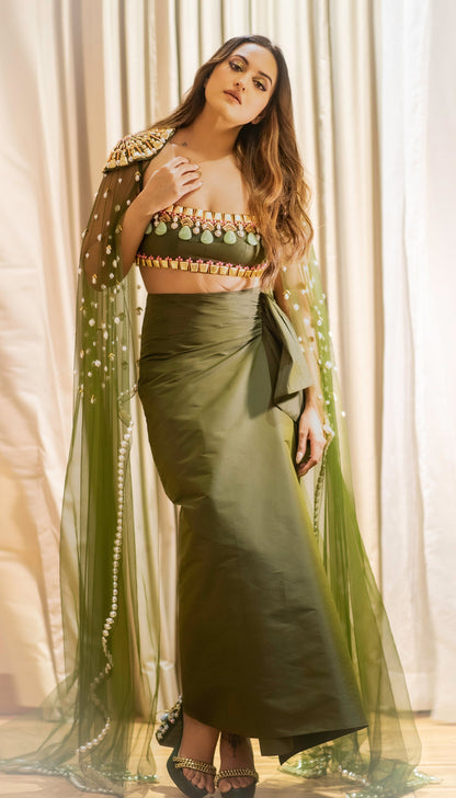 Sonakshi Sinha In Military Green Embellished Skirt With Cape And Bralette Set