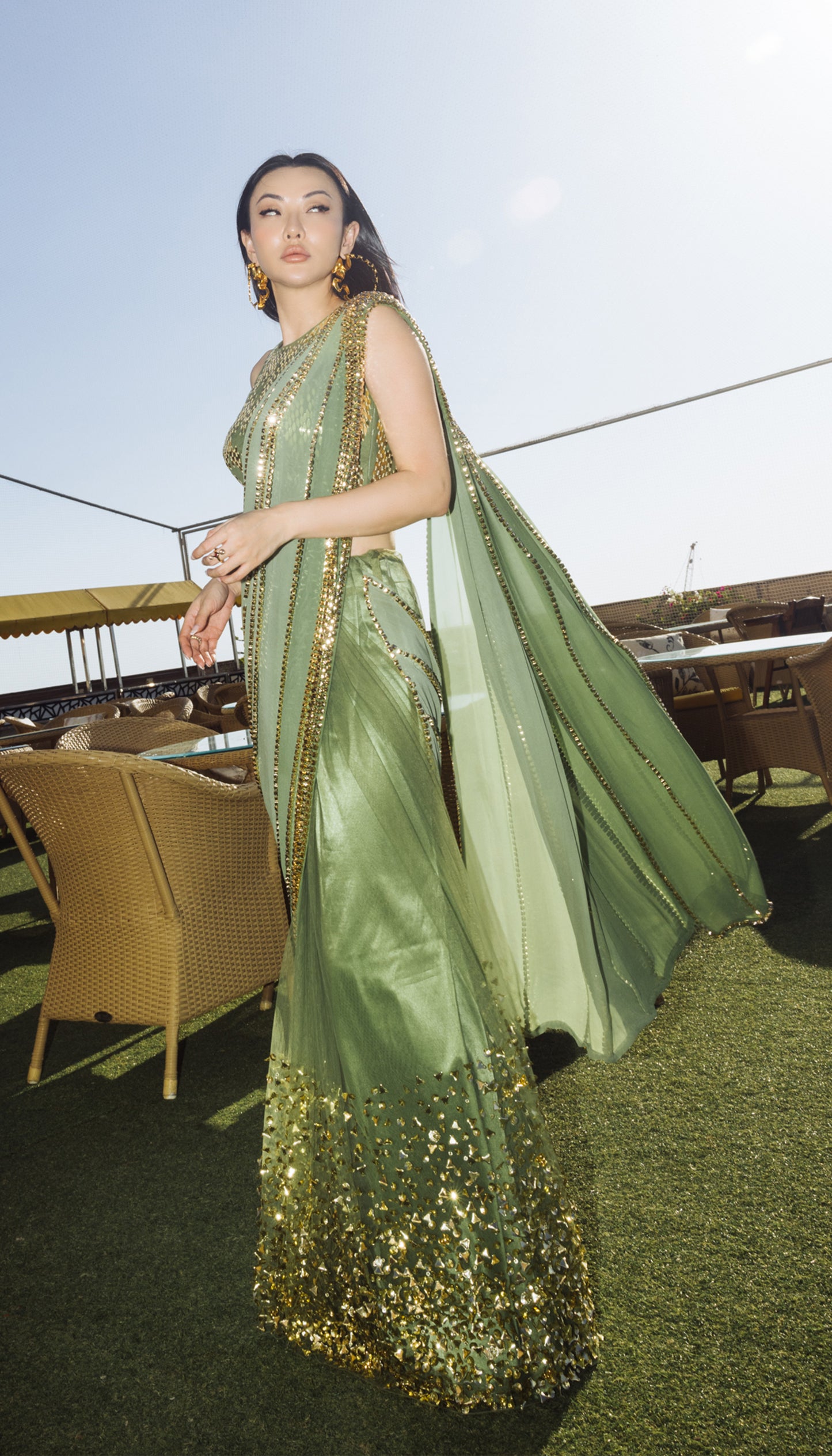 Jessica Wang in Perfect Times: Olive Shaded Embellished Saree Set
