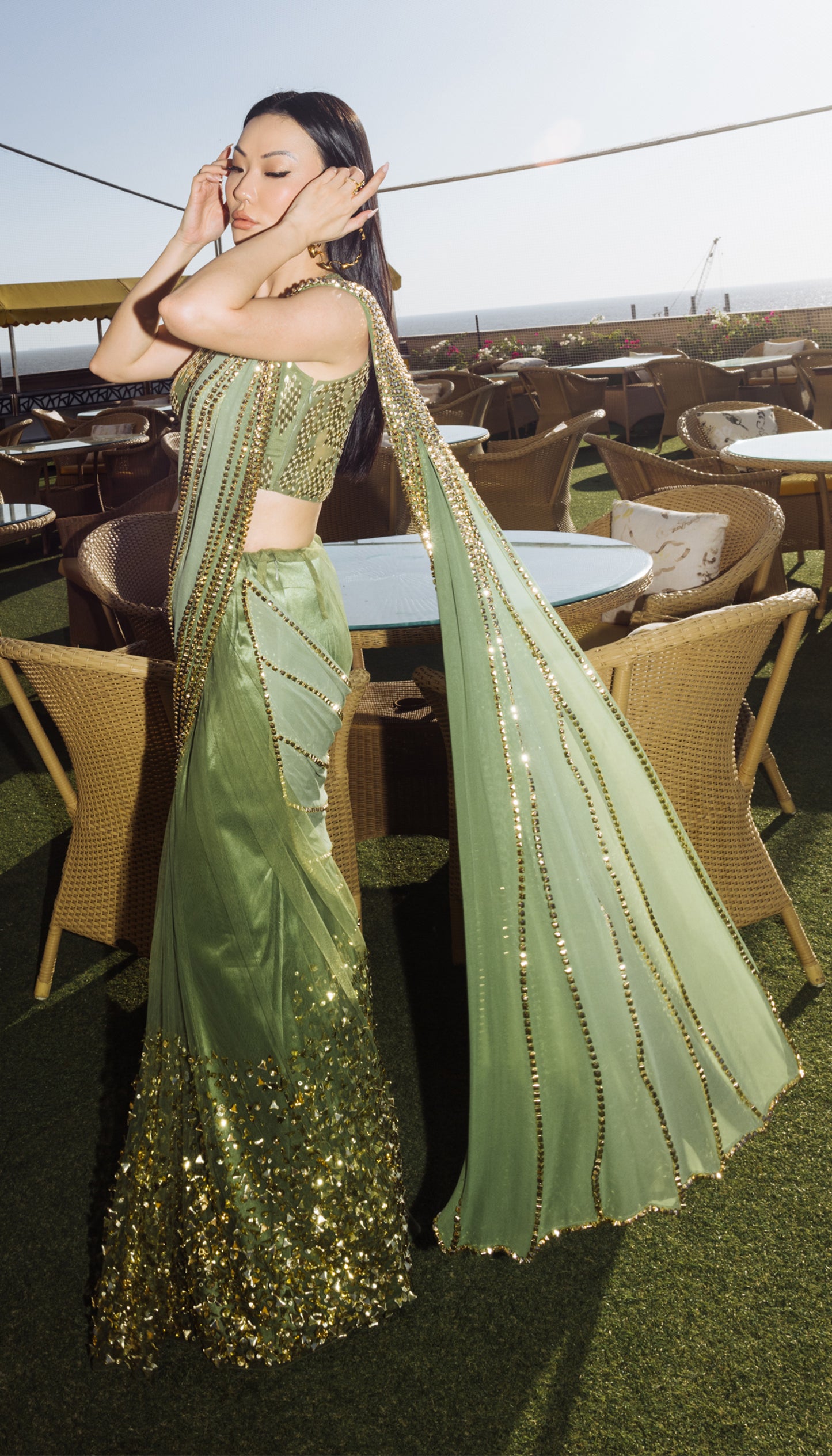 Jessica Wang in Olive Shaded Embellished Saree Set