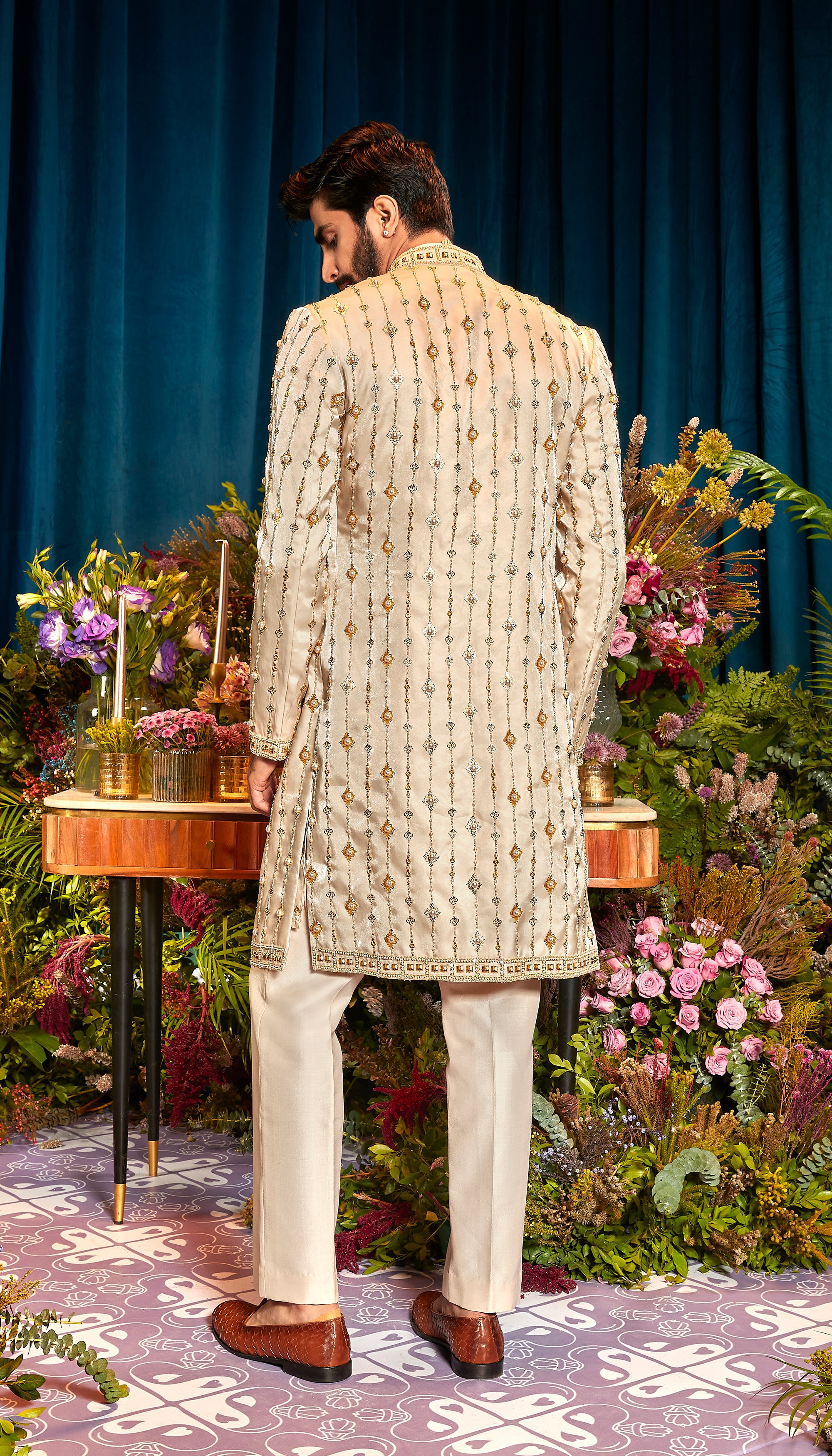 Beige & ivory embroidered sherwani and pants – Anjul Bhandari