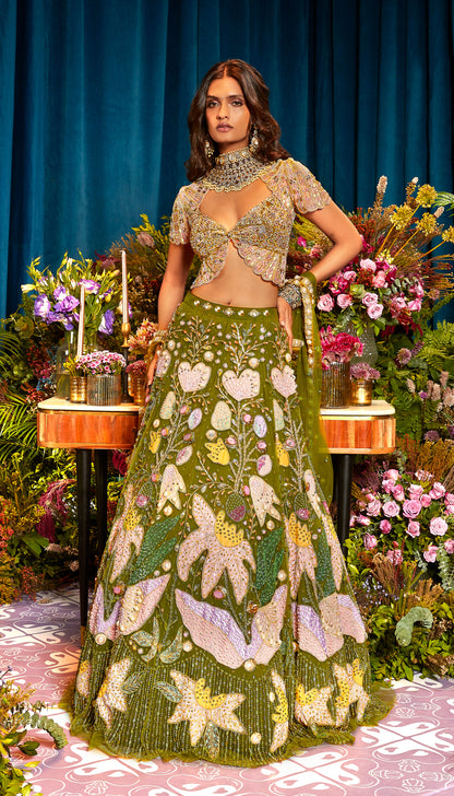 Agnes - OLIVE GREEN LEHENGA SET