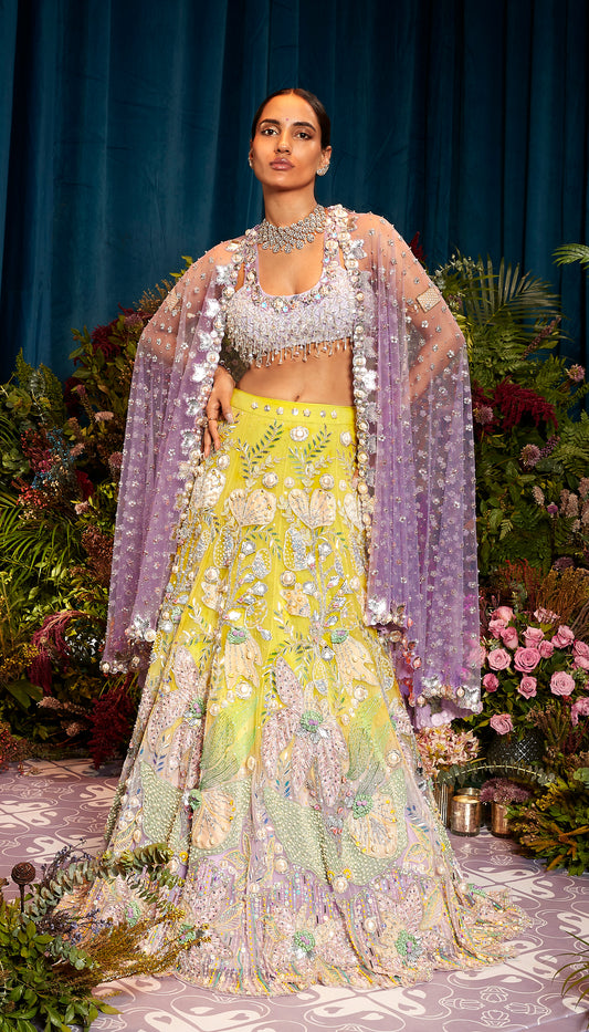 SILVAT IN SAGE - LIME TO LILAC OMBRE LEHENGA SET