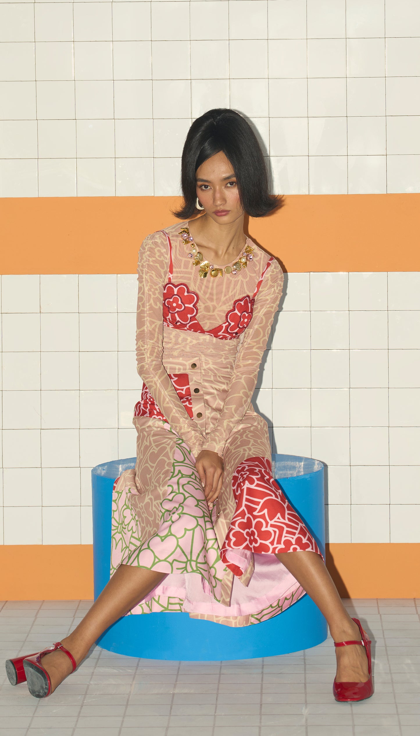 Patchwork A Line Skirt + Net Bodysuit