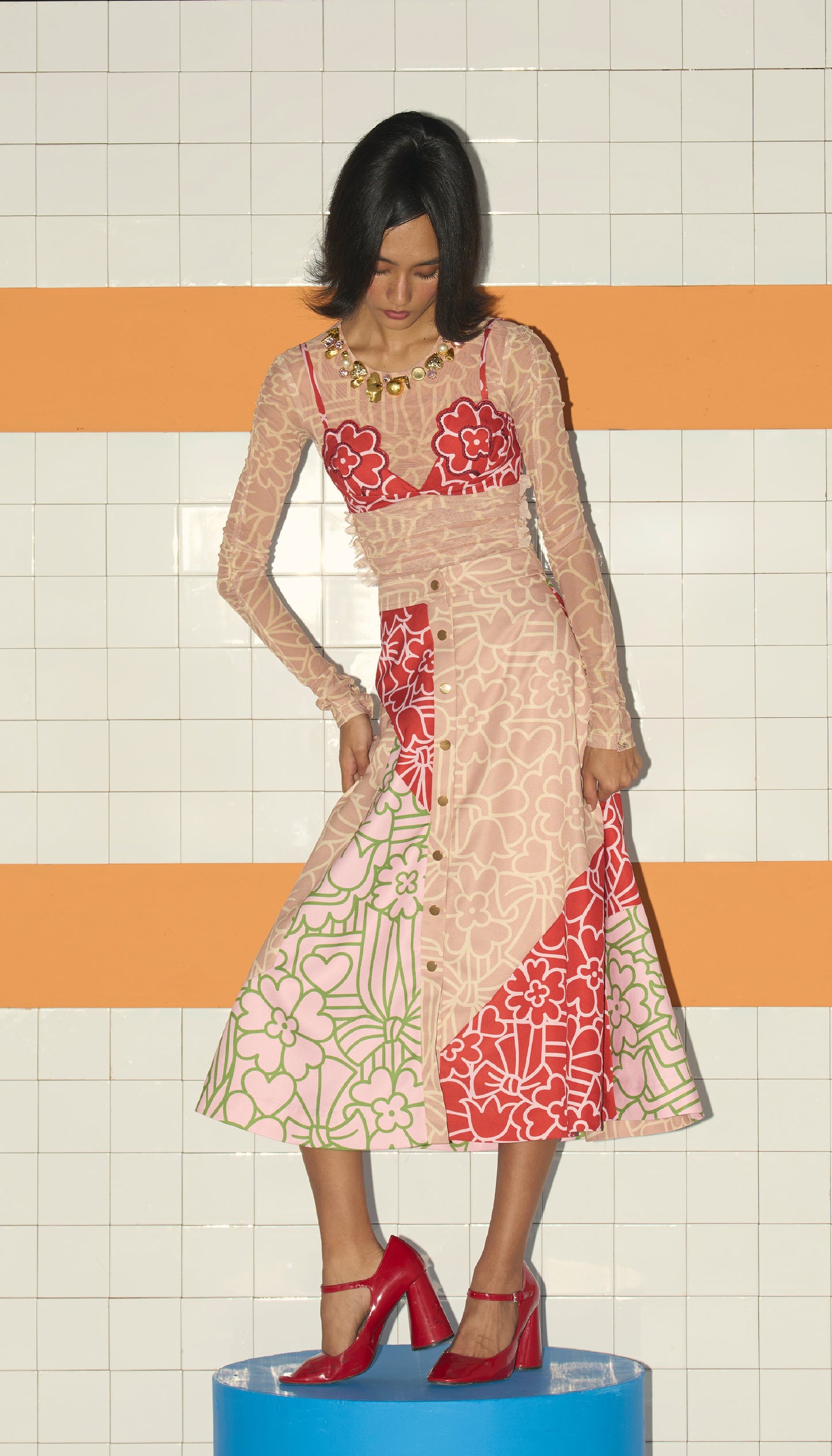 Patchwork A Line Skirt + Net Bodysuit