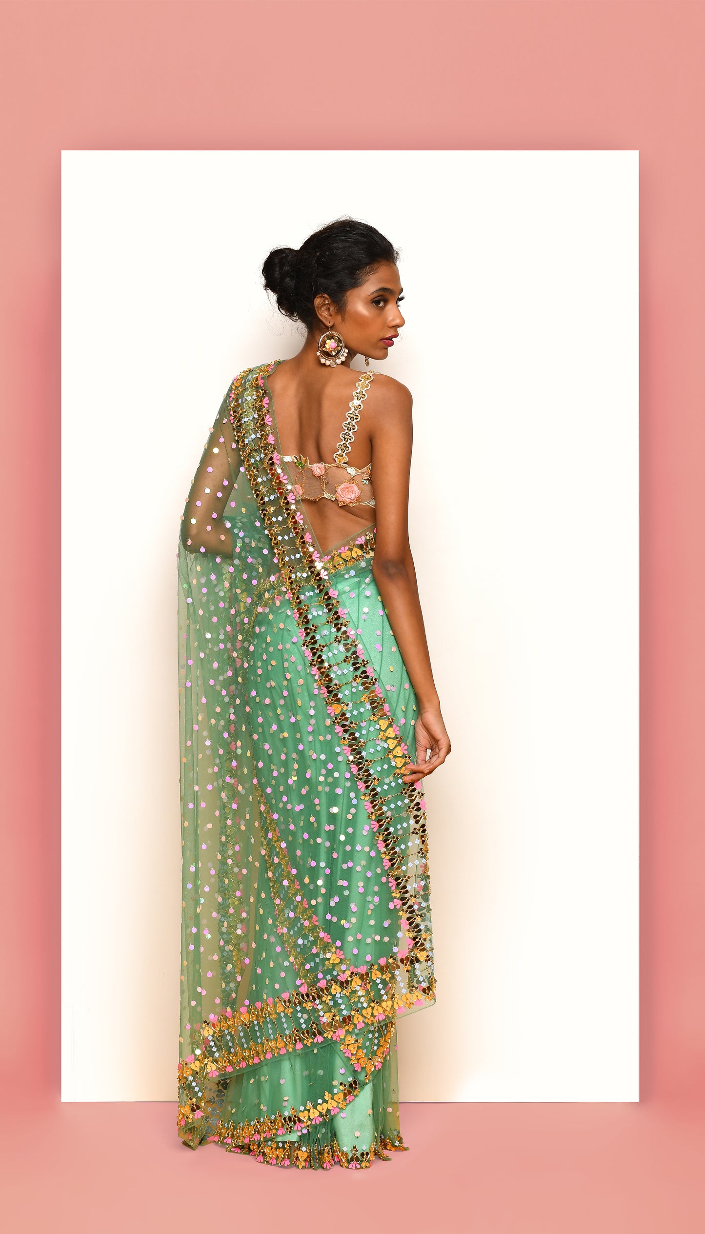 VIVIEN - FOREST GREEN EMBELLISHED PRE-STICHED SAREE SET