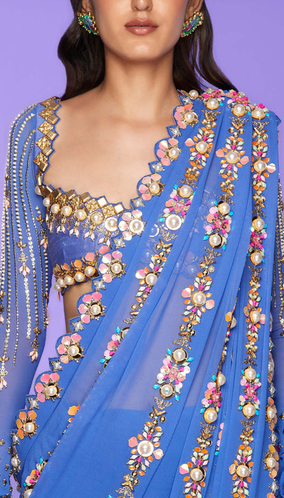 Chrissy- Blue Pre-stitched embellished Saree Set