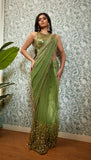 PERFECT TIMES : OLIVE SHADED EMBELLISHED SAREE SET.