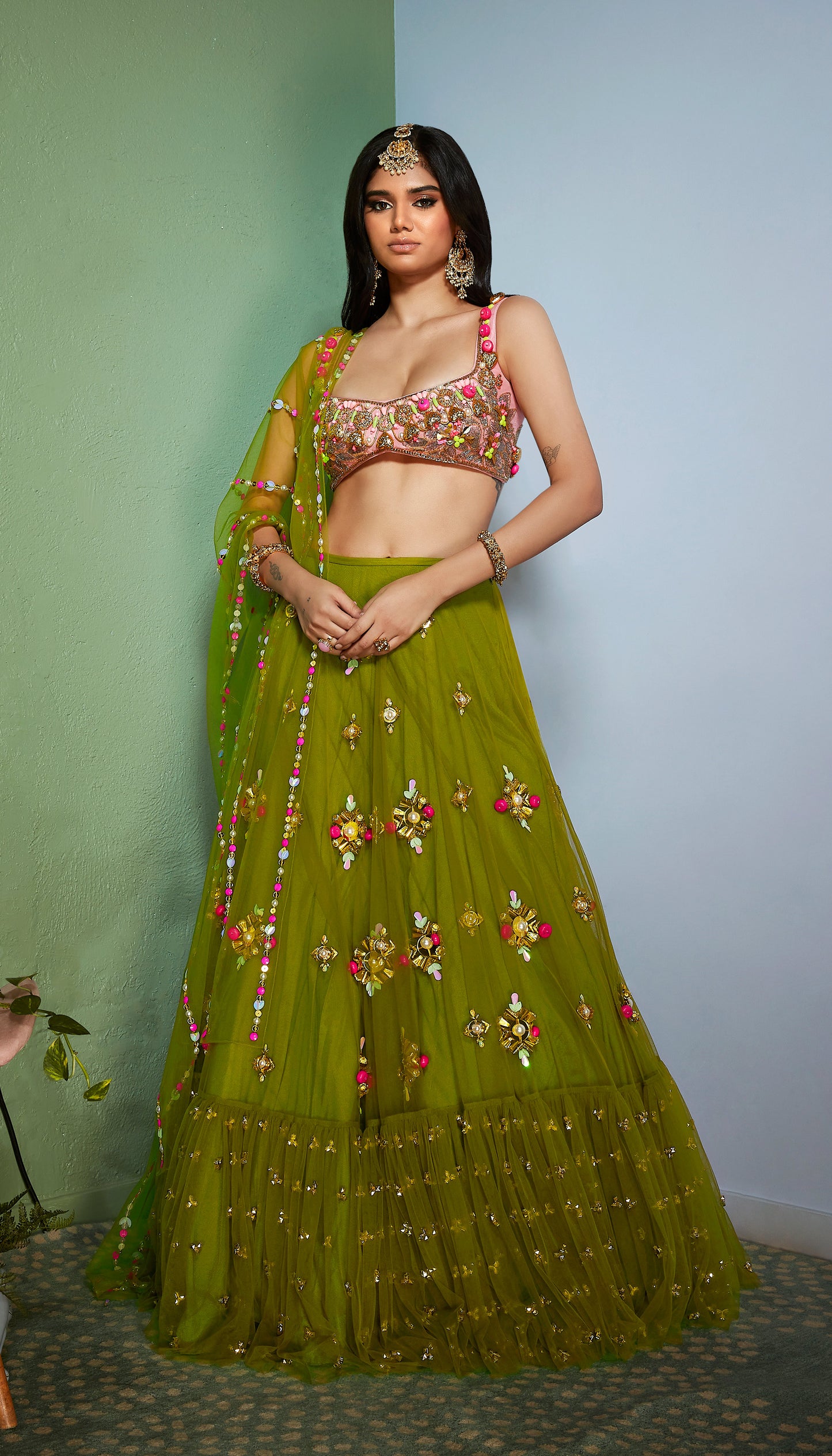 OLIVINE : GREEN EMBELLISHED  FULL LEHENGA SET.