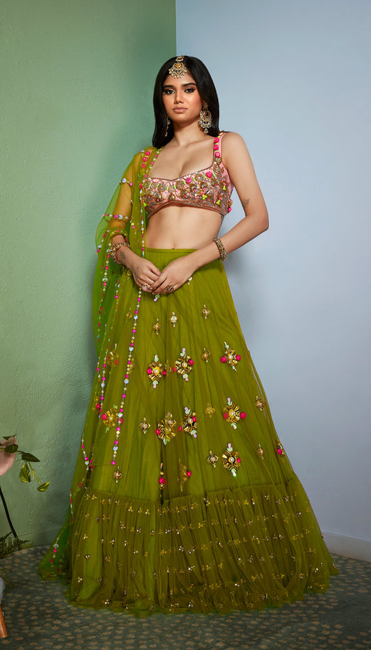 OLIVINE : GREEN EMBELLISHED  FULL LEHENGA SET.