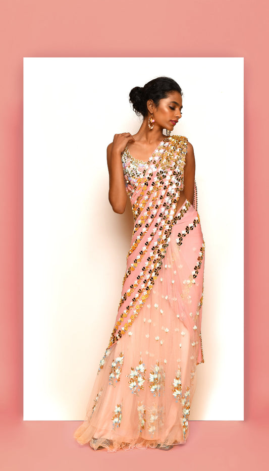 HEART CONFETTI'S - Peach & Ivory Pre-stiched Saree Set