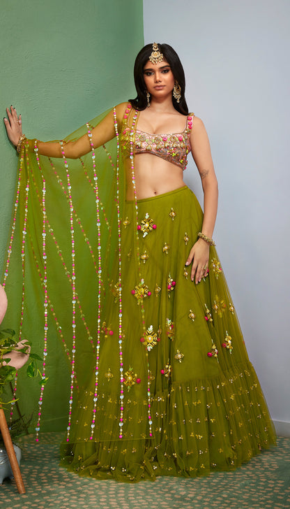 OLIVINE : GREEN EMBELLISHED  FULL LEHENGA SET.