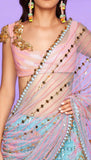 MALVIKA SITLANI - Ice Blue & Pink Pre-stiched Embellished Saree Set