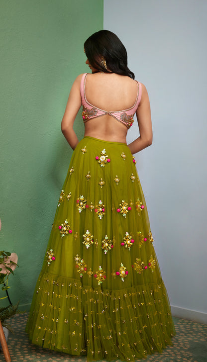 OLIVINE : GREEN EMBELLISHED  FULL LEHENGA SET.