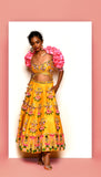 IN THE CLOUDS - MUSTARD YELLOW AND PINK EMBELLISHED HALF LEHENGA SET
