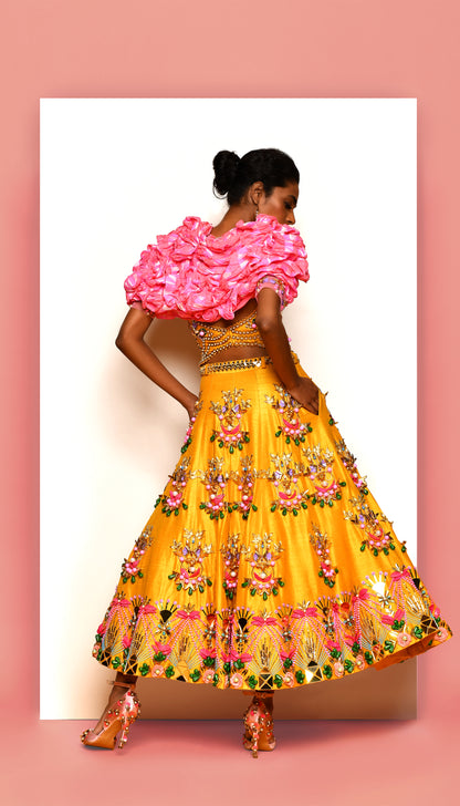 IN THE CLOUDS - MUSTARD YELLOW AND PINK EMBELLISHED HALF LEHENGA SET
