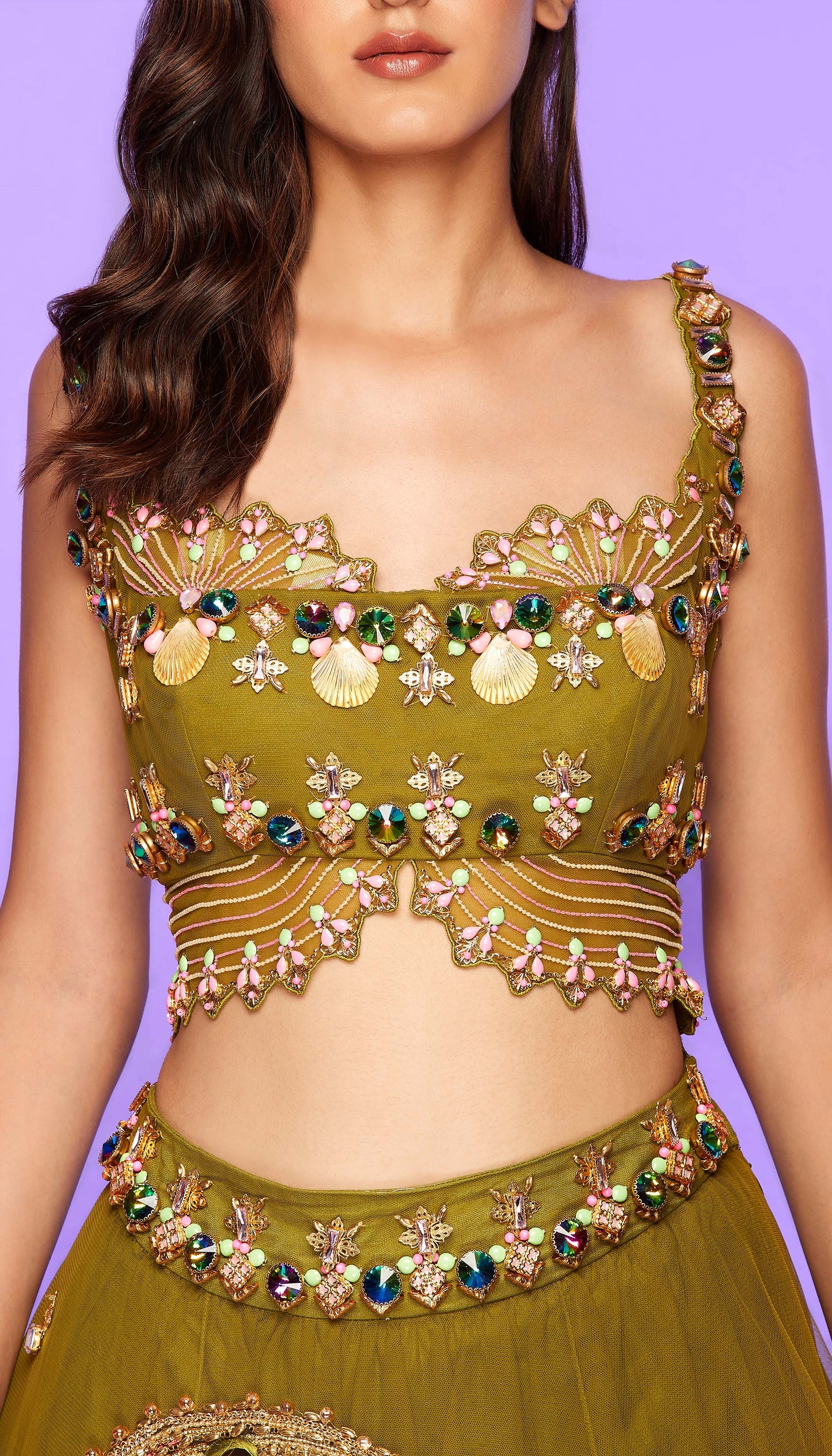 NIGHT BABE - OLIVE GREEN EMBELISHED FULL LEHENGA SET