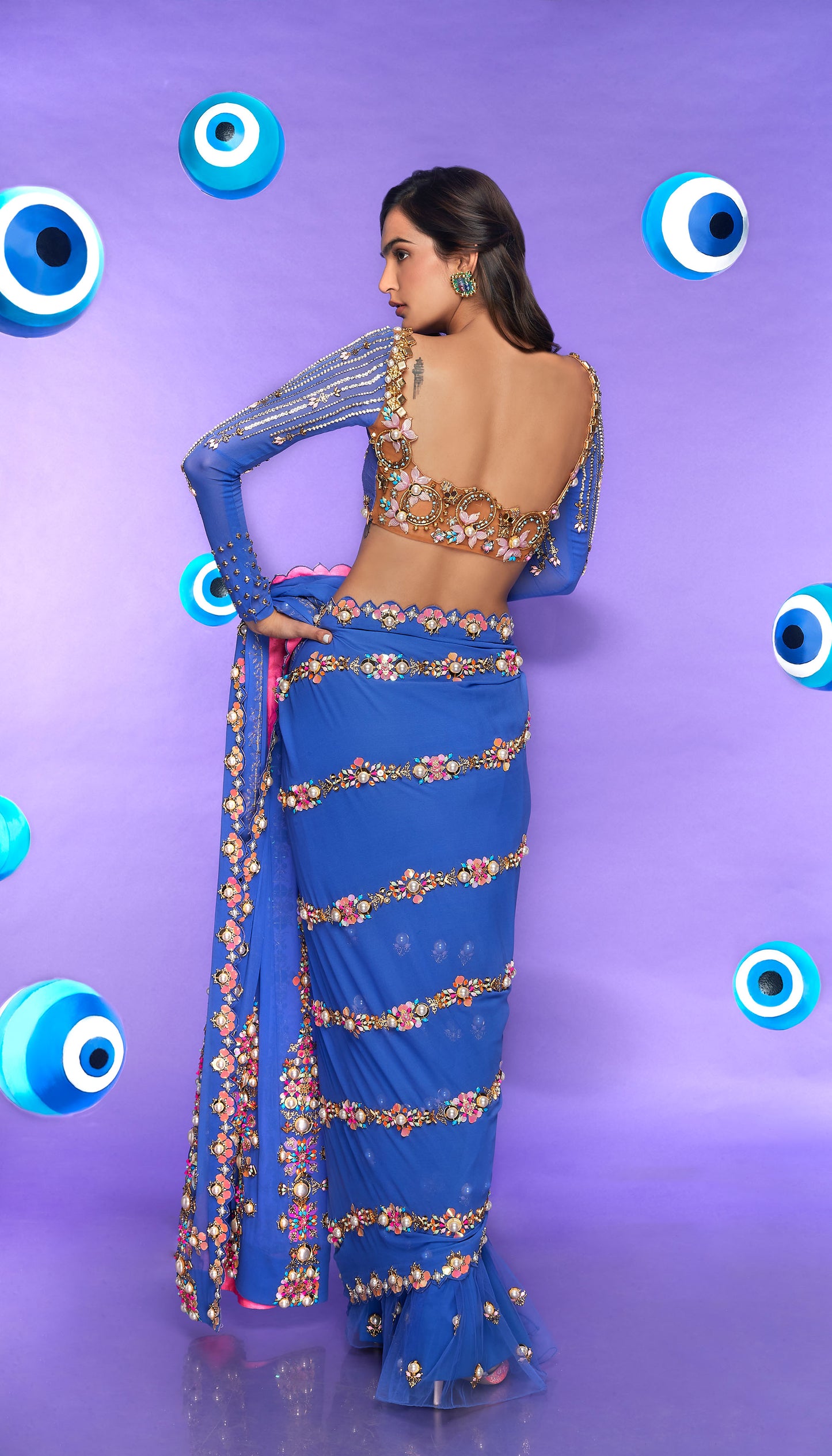 Chrissy- Blue Pre-stitched embellished Saree Set