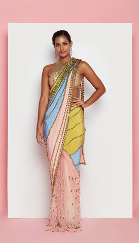 Juhi Godambe - Black Pre-Stiched Embellished Saree Set