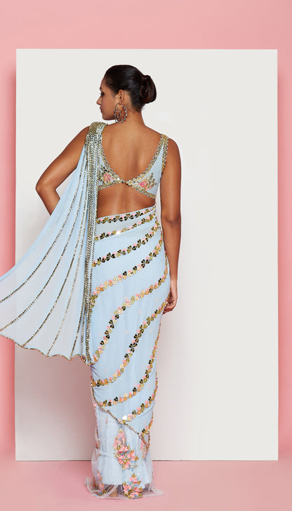 Richa Moorjani - Powder Blue embroidered pre-stitched saree Set