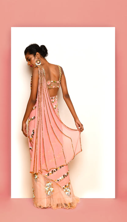 HEART CONFETTI'S - Peach & Ivory Pre-stiched Saree Set