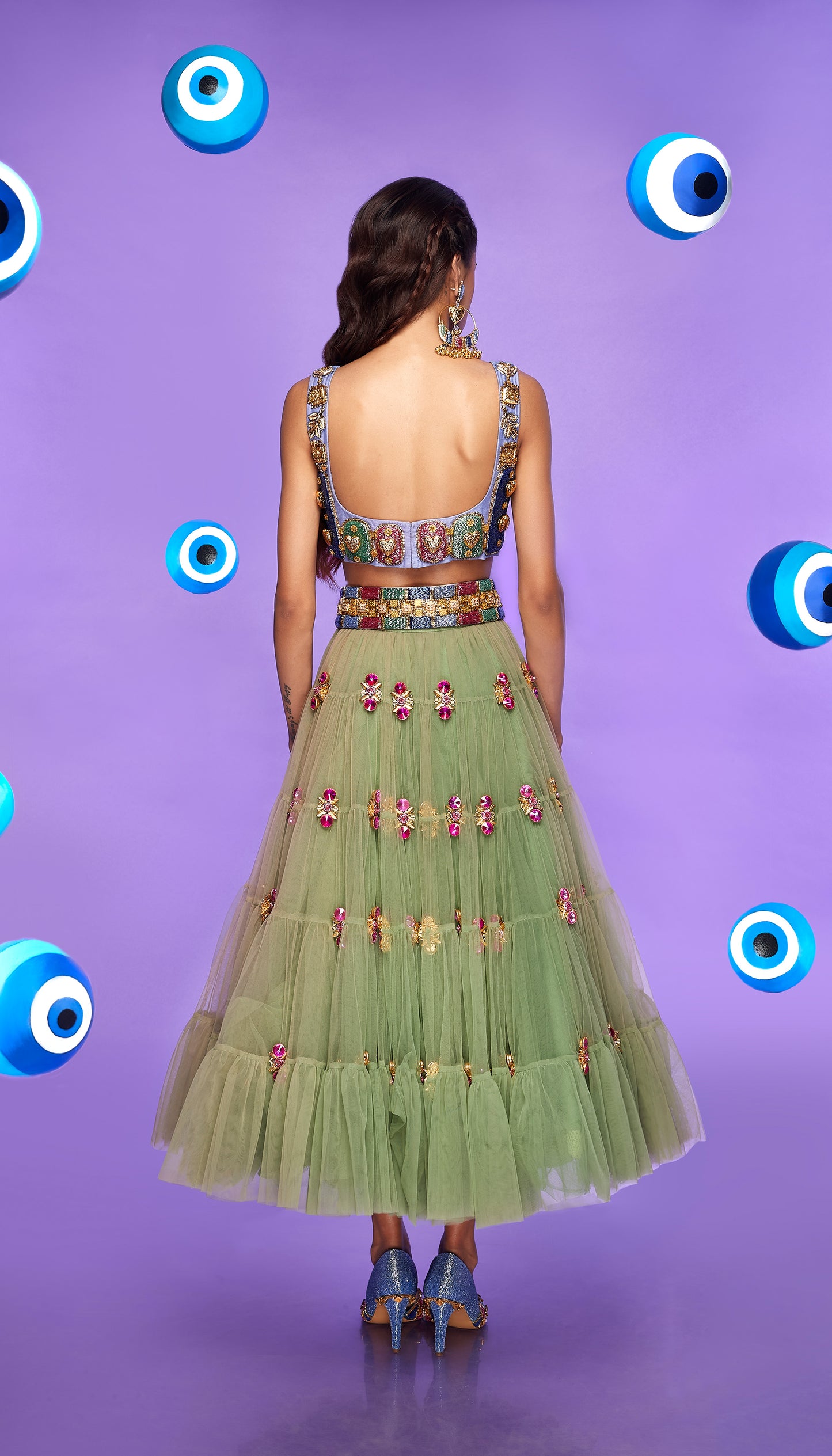 NOT YOUR BABYGIRL - TIERED MOSS GREEN EMBELLISHED HALF LEHENGA  SET