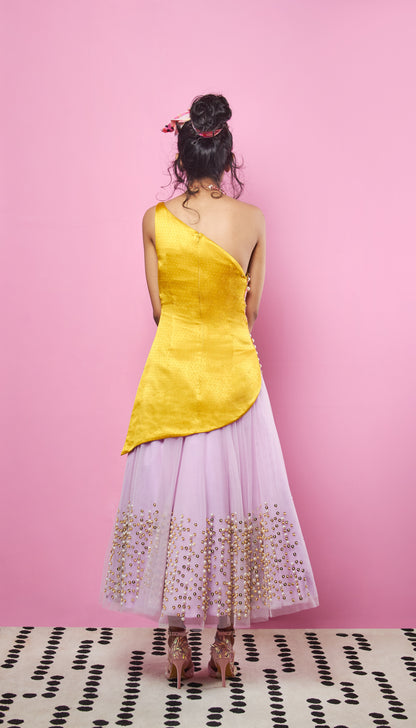 NOW WE CAN ONLY DANCE - LILAC AND YELLOW EMBELLISHED HALF LEHENGA SET