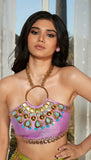 TWILIGHT- Tri-coloured panel embellished half lehenga set.