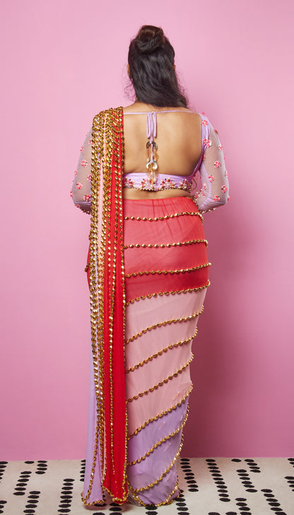 WHEN HE'S AROUND - MULTI-COLORED EMBELLISHED PRE-STICHED SAREE SET
