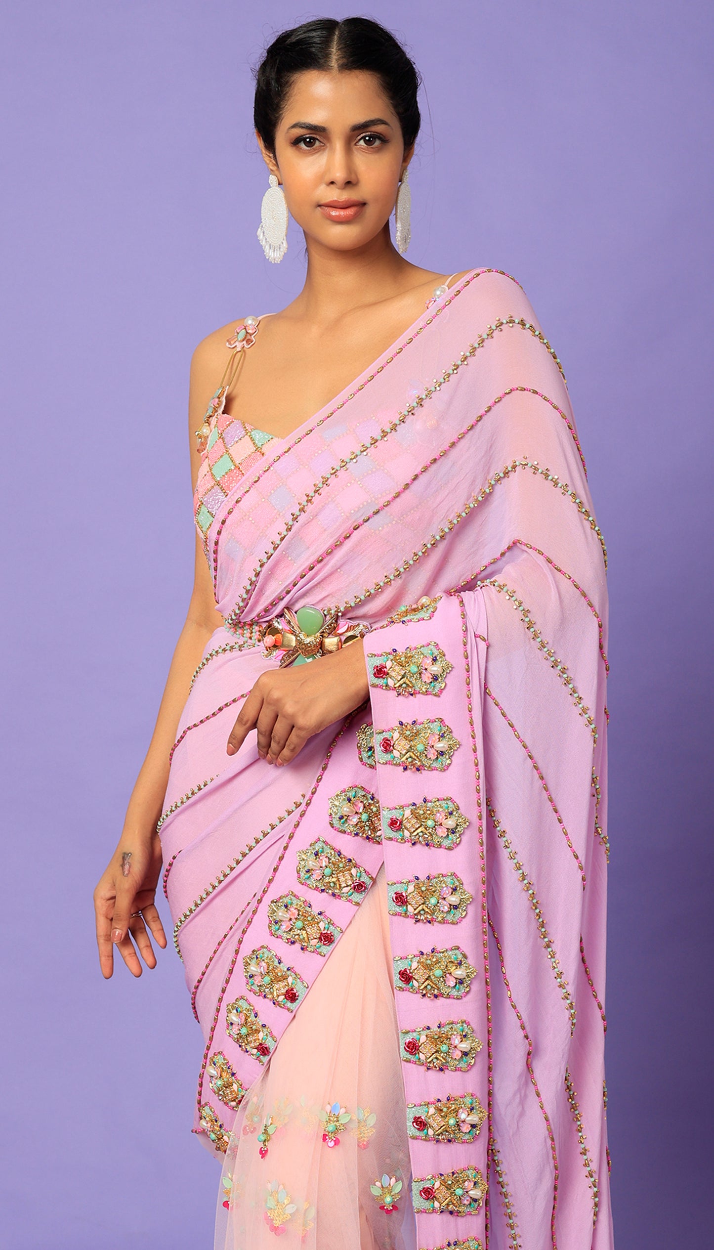 Keeping My Tabs - Blush Pink pre-stitched saree Set