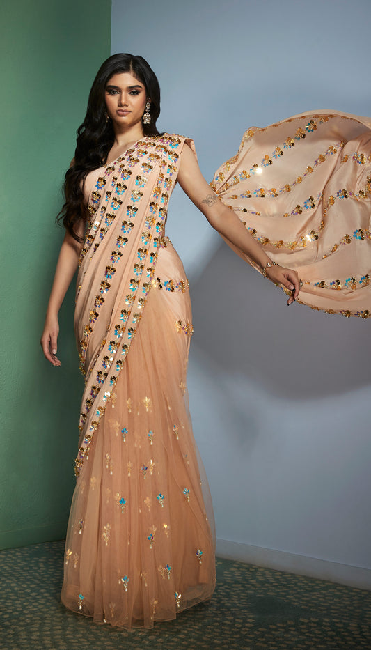 GOLDEN HOUR- Nude prestitched embellished saree.