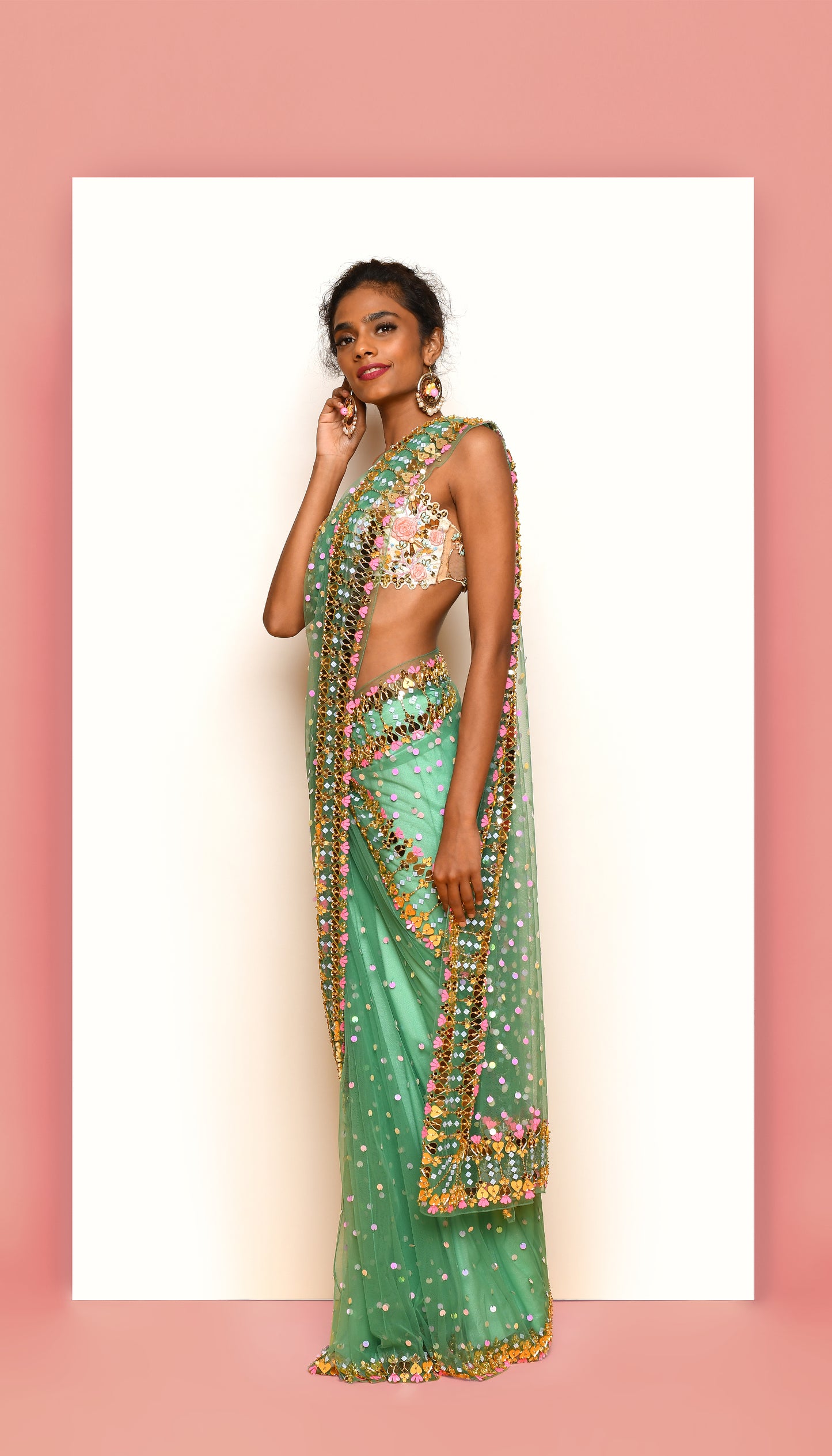 VIVIEN - FOREST GREEN EMBELLISHED PRE-STICHED SAREE SET
