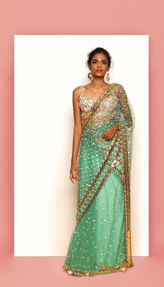 VIVIEN - FOREST GREEN EMBELLISHED PRE-STICHED SAREE SET