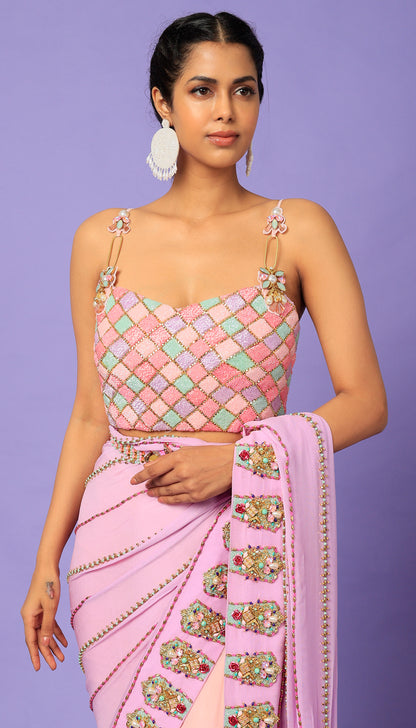 Keeping My Tabs - Blush Pink pre-stitched saree Set