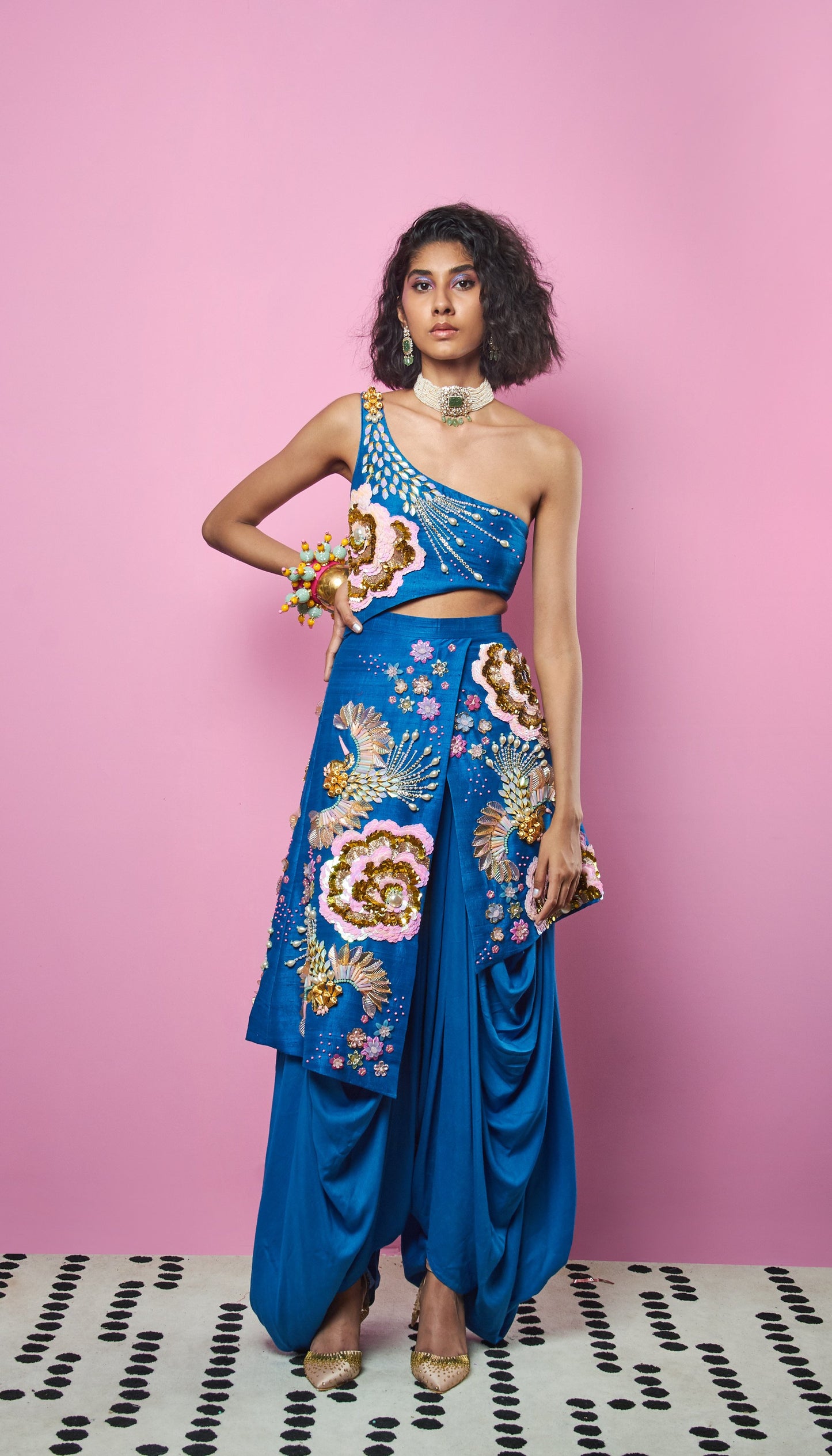 Liza Koshy - COBALT BLUE ONE-SHOULDER DHOTI JUMPSUIT