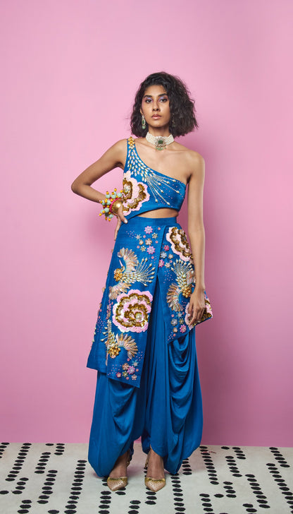 Liza Koshy - COBALT BLUE ONE-SHOULDER DHOTI JUMPSUIT
