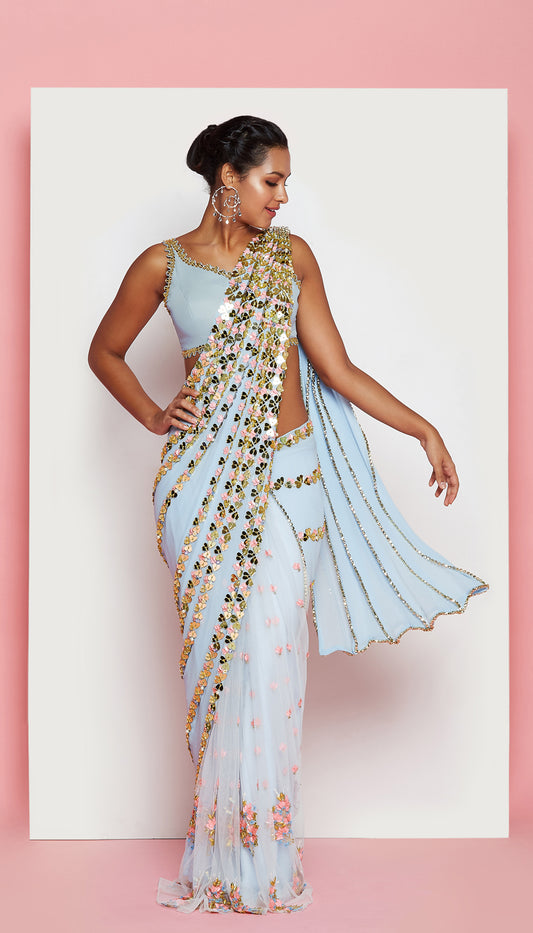 HEART CONFETTI'S  - Powder blue EMBELLISHED PRE-STICHED SAREE SET