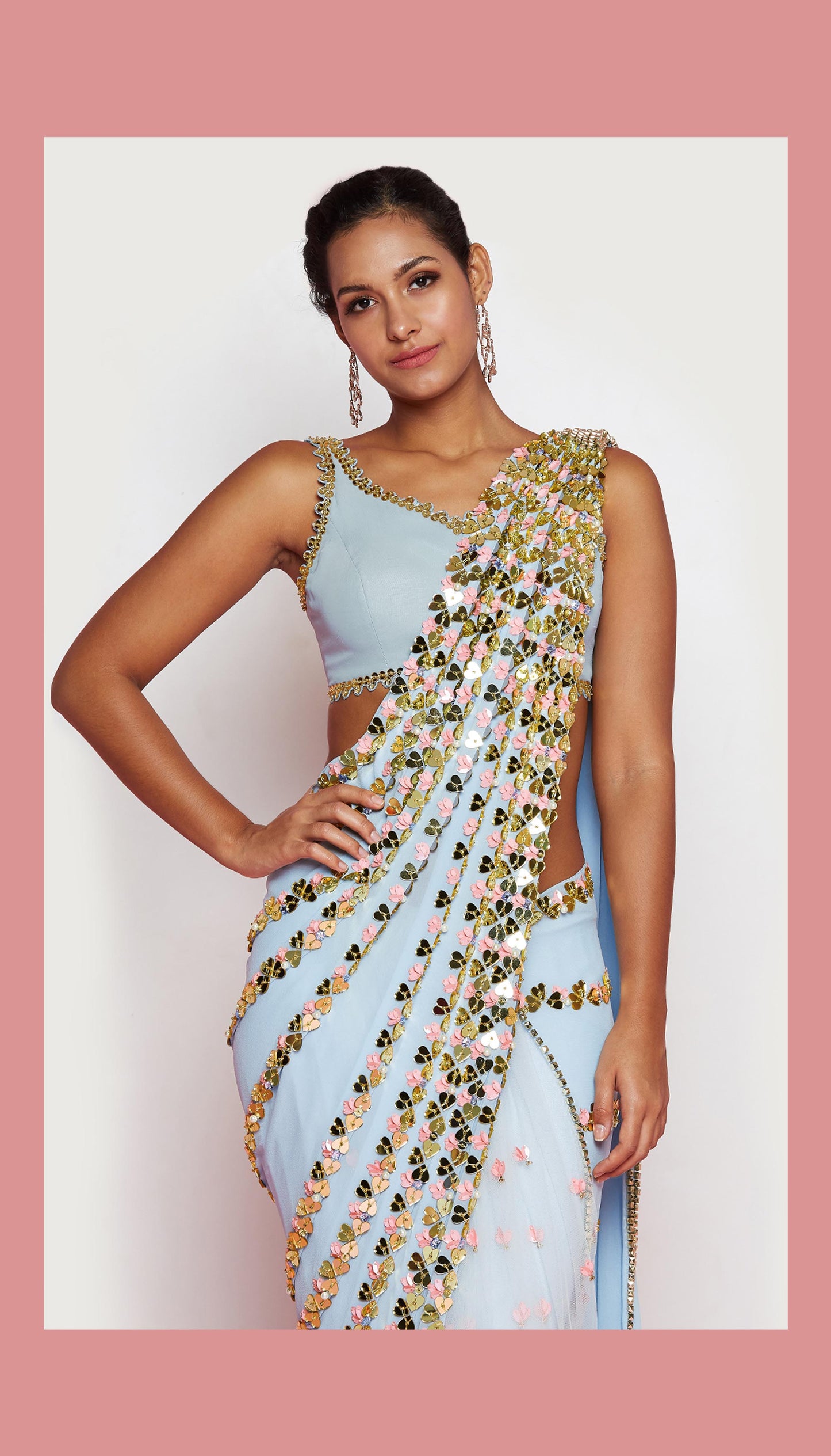 HEART CONFETTI'S  - Powder blue EMBELLISHED PRE-STICHED SAREE SET