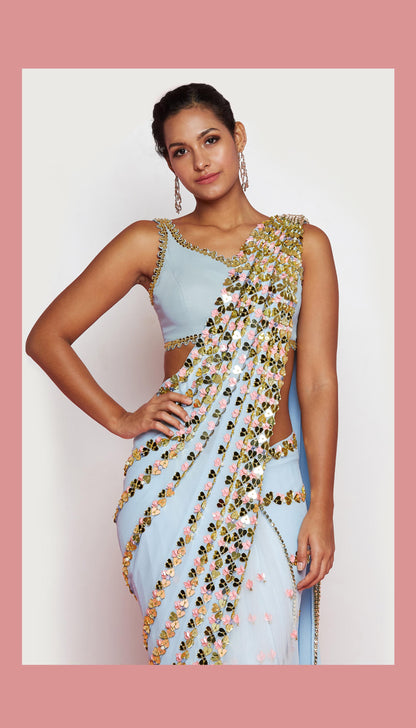 HEART CONFETTI'S  - Powder blue EMBELLISHED PRE-STICHED SAREE SET
